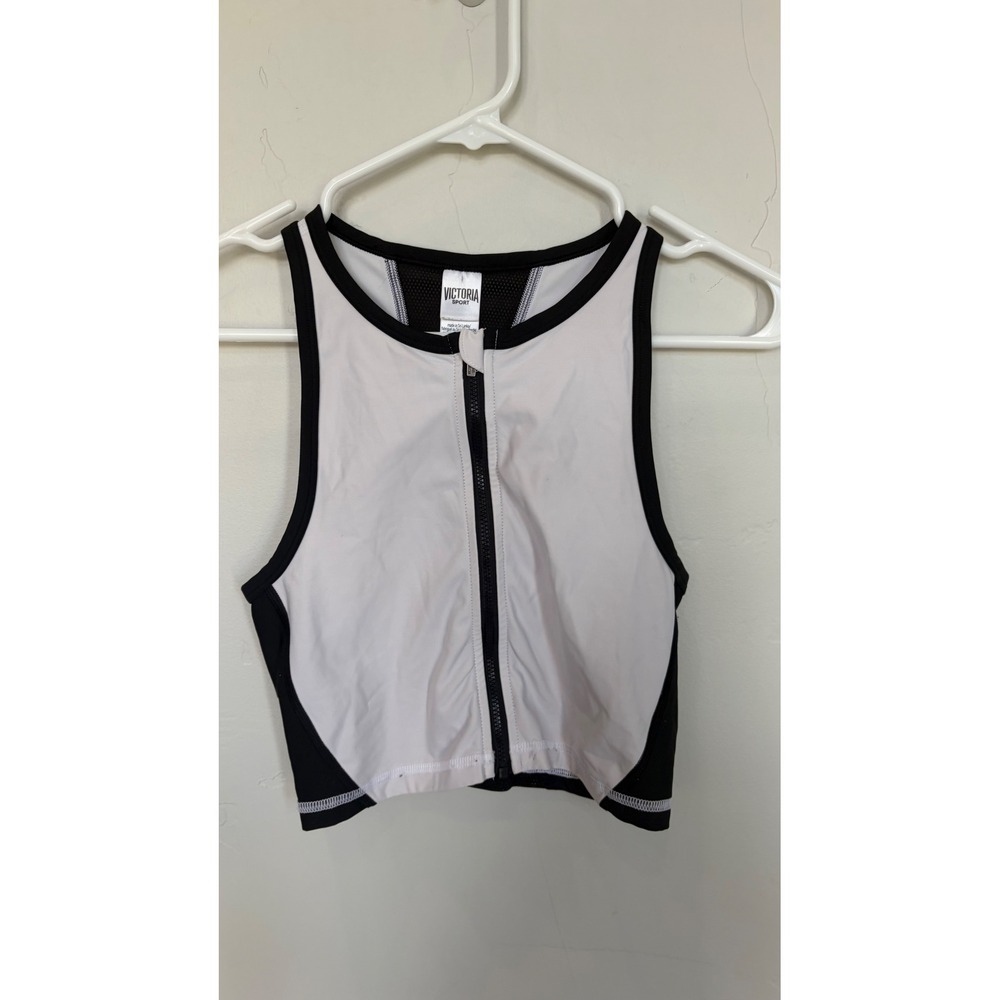 Victoria Sport WomanSmall White Black Zip Front Mesh Back Athletic Crop Top Tank - Picture 4 of 5